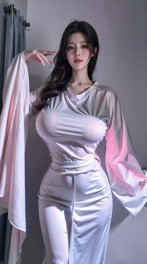  (masterpiece, best quality:1.2),1girl,light pink dress,light pink tight-fitting dress,ghost,ghost costume,large ghost cape,light pink cape covering the entire body,(huge breasts:1.46),Xyunxiao,Xmeidusha,(Background beauty boudoir:1.23)