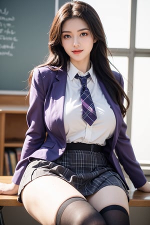 (masterpiece), (best quality),(ultra-detailed),(illustration),(extremely detailed),(perfect anatomy),(super detailed skin),(detailed),(beautiful detailed eyes),1girl,solo,black hair,long hair,curly hair,black eyes,big breasts,(plaid skirt),skirt,(school uniform), (light purple shirt:1.23),(brown blazer:1.1),partially unbuttoned,thighhighs, (plaid necktie), curvy, sitting, (knee up:1.1),foot out of frame, eyebrows, sideways glance, light smile, school, classroom,Xyunxiao, (big breasts:1.63),