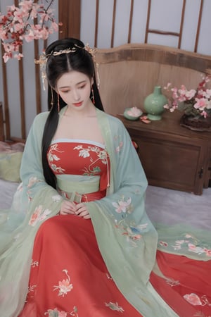(masterpiece, best quality:1.2),1girl, solo, long hair, black hair,(huge breasts:1.89),Hairpins,necklace, hair ornament, dress, full body, flower, earrings, indoors, hair bun, (red-green dress:1.29),(Tube top Hanfu long skirt:1.1), pillow, bed, night, chinese clothes, table, branch,daxiushan, ,daxiushan style,(huge breasts:2.59), (full breasts:2.34), realistic,hanfu, daxiushan,Shoulders are exposed, , daxiushan, arien_hanfu,,More Reasonable Details,Xyunluo,Xningyudie