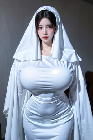  (masterpiece, best quality:1.2),1girl, nkiller,white dress,white tight-fitting dress,black or dark green oval eyes on the hood,ghost,ghost costume,large white ghost cape,white cape covering the entire body,(huge breasts:1.48),Xyunxiao,