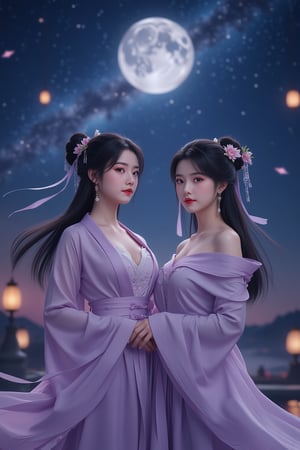  (masterpiece, best quality:1.2),2_girls, navel, solo, midriff, bare shoulders, lantern, hair ornament, flower, hair flower, paper lantern, black hair, red lips,
BREAK, looking at viewer, chinese clothes, (light purple hanfu dress:1.39), 
BREAK,black eyes,blurry, solo focus, long hair, lips, night, lipstick, outdoors, upper body, blurry,(huge breasts:1.79), (Starry sky, Milky Way, shooting stars across the night sky:1.23),2 girl, makeup, hair bun,Xyunxiao,(Peony,full moon:1.52),wonder beauty