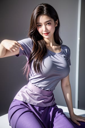 (Best quality, 8k, 32k, Masterpiece, UHD:1.2),Photo of Pretty Japanese girl, 1girl, mid-twenty milf, (medium-short dark brown hair), double eyelids,  long-legged, soft curves, (purple tight fit suit:1.39), (pink shirt, grey skirt:1.36), sitting on office chair, office, snowy sky, heavy snow, sexy face, seducing smile, look at viewer, exquisite detailed real skin texture, detailed fabric texture,Xyunxiao ,(natural  big breasts:1.39)