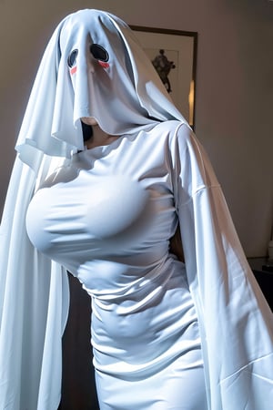  (masterpiece, best quality:1.2),2girl, nkiller,holographic white dress,white tight-fitting dress,black or dark green oval eyes on the hood,ghost,ghost costume,large white ghost cape,white cape covering the entire body,(huge breasts:1.48),Xyunxiao,