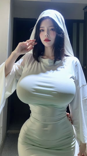  (masterpiece, best quality:1.2),1girl,light green dress,light green tight-fitting dress,ghost,ghost costume,large ghost cape,white cape covering the entire body,(huge breasts:1.49),Xyunxiao,Xmeidusha,The background is a street intersection.