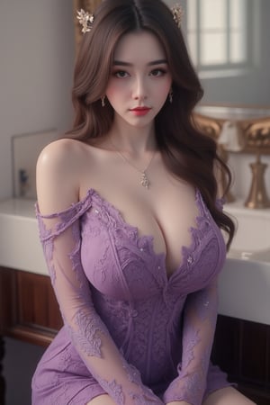 masterpiece,1girl,Realistic style, photo style,(mature female:0.5),tall body,full body,golden proportions,(Kpop idol),(shiny skin:1.2),(oil skin:1.1),makeup,(close up),depth of field,(closed mouth:0.5),((long wavy brown hair)),(puffy eyes),(eyelashes:1.1),(parted lips:1.1),red lipstick,fantasy art style,dreamy light,(high neck purple wedding dress:1.59),(purple long wedding dress:1.39),(lace:1.49),perfect body,(dusk:1.2),(princess shoes:1.1),(diamond necklace),(crystal hairpin),tyndall effect,highres,(Sitting at the bathroom vanity:1.56), (sexy lace purple dress:1.59), (huge breasts:2.2),(cleavage:2.4), (nsfw:2), (cleavage:2.5),