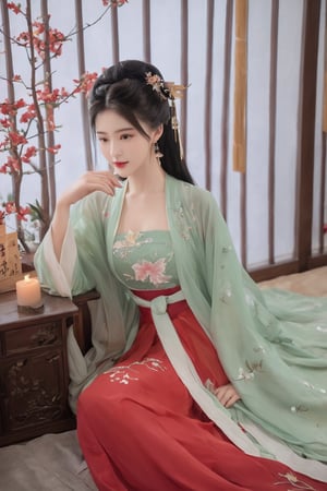 (masterpiece, best quality:1.2),1girl, solo, long hair, black hair,Hairpins,necklace, hair ornament, dress, full body, flower, earrings, indoors, hair bun, (red-green dress:1.29),(Tube top Hanfu long skirt:1.1), pillow, bed, night, chinese clothes, table, branch,daxiushan, ,daxiushan style,(huge breasts:2.33), (full breasts:2.34), realistic,hanfu, daxiushan,Shoulders are exposed, , daxiushan, arien_hanfu,,More Reasonable Details,Xyunluo,Xningyudie