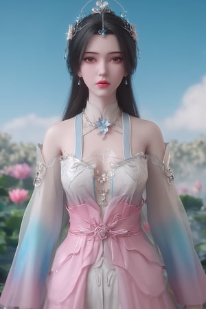  (masterpiece, best quality:1.2),1girl, navel, solo, midriff, bare shoulders, hair ornament, flower, hair flower,, long hair, red lips,
BREAK, (looking at viewer:1.23),(light pink-white color:1.29), (Gradient seven colors rainbow dress:1.39), 
BREAK,blurry, solo focus, long hair, lips, day, lipstick, outdoors, upper body, blurry,(huge breasts:1.69),Xyunxiao,(snow,Peony:1.52),(Lotus pond, lotus:1.32), (blue sky:1.23),Xlimuwan,XxiaoxunerX,Xhuolinger