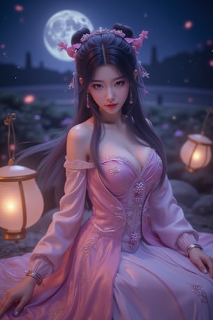  (masterpiece, best quality:1.2),2_girls, navel, solo, midriff, bare shoulders, lantern, hair ornament, flower, hair flower, paper lantern, black hair, red lips,
BREAK, looking at viewer, chinese clothes,(Holographic pink color:1.29), (Holographic Gradient seven colors rainbow dress:1.39), 
BREAK,black eyes,blurry, solo focus, long hair, lips, night, lipstick, outdoors, upper body, blurry,(huge breasts:1.5), (Starry sky, Milky Way, shooting stars across the night sky:1.23), solo, makeup, hair bun,Xyunxiao,(Peony,full moon:1.52),wonder beauty