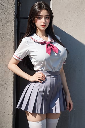 cinematic lighting, Surrealism, chiaroscuro, depth of field, Fujicolor, UHD, textured skin, anatomically correct, high details, award winning, super detail, 16k, retina, 4K, best quality，, solo, 1girl, thighhighs, pink neckerchief, skirt, school uniform, white thighhighs, kitauji high school uniform, pleated skirt,  neckerchief, loafers, photo background, standing, white shirt,  (big breasts:1.59)