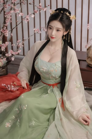 (masterpiece, best quality:1.2),1girl, solo, long hair, black hair,(huge breasts:1.89),Hairpins,necklace, hair ornament, dress, full body, flower, earrings, indoors, hair bun, (red-green dress:1.29),(Tube top Hanfu long skirt:1.1), pillow, bed, night, chinese clothes, table, branch,daxiushan, ,daxiushan style,(huge breasts:2.59), (full breasts:2.34), realistic,hanfu, daxiushan,Shoulders are exposed, , daxiushan, arien_hanfu,,More Reasonable Details,Xyunluo,Xningyudie