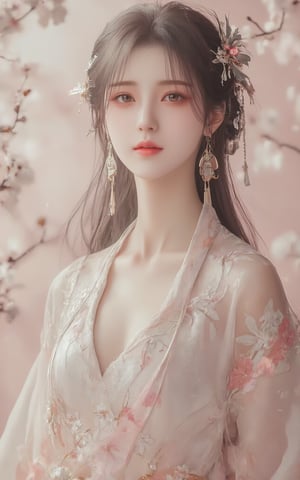 A serene Japanese maiden stands alone against a blurry backdrop of blooming cherry blossom trees. She gazes directly at the viewer with a gentle smile, her parted bangs framing her heart-shaped face. Her black hair cascades down her back, adorned with intricate hair ornaments and hair rings. Red eyes sparkle beneath luscious eyelashes, and her lips curve upward in a subtle grin. A floral print kimono drapes across her upper body, its vibrant colors muted by the soft focus of the background. Delicate earrings and a tassel dangle from her ears as she wears a bow-adorned hairstyle. The camera's shallow depth of field blurs everything except for our subject, emphasizing her captivating presence.,Xlimuwan,Xhaiqinyan,XxiaoxunerX,Xhuolinger