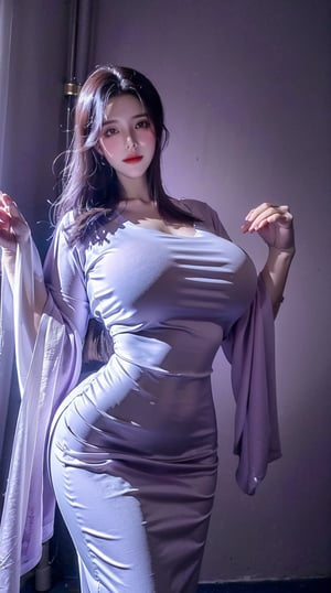  (masterpiece, best quality:1.2),1girl,light purple dress,light purple tight-fitting dress,ghost,ghost costume,large ghost cape,light purple cape covering the entire body,(huge breasts:1.49),Xyunxiao,Xmeidusha,(Background beauty boudoir:1.23)