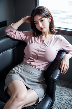 (Best quality, 8k, 32k, Masterpiece, UHD:1.2),Photo of Pretty Japanese woman, 1girl, mid-twenty milf, (medium-short dark brown hair), double eyelids,  long-legged, soft curves, (grey tight fit suit, pink shirt, grey skirt:1.23), sitting on office chair, office, snowy sky, heavy snow, sexy face, seducing smile, look at viewer, exquisite detailed real skin texture, detailed fabric texture,Xyunxiao ,(natural  big breasts:1.52)