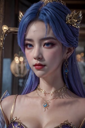 tianqiong,portiart,1girl,jewelry,hair ornament,solo,earrings,long hair,blue eyes,blue hair,looking at viewer,necklace,purple hair,masterpiece,HDR,UHD,8K,best quality,Photographic,,,Xtianqiong,Xyunxiao