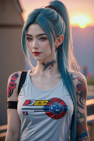 upper_body , score_9, score_8_up, score_7_up, score_6_up, 1girl, long hair,short_ponytail, light blue hair, sunset, grey eyes, plump, realistic, tattoo on body, beautiful mixed detail tattoo, tattoo of, arm tattoo, ((anime girl tattoo wearing dragon ball comic of Japan t-shirt)),smile,looking_at_viewer,(oil shiny skin:0.8), (big_boobs), willowy, chiseled, (hunky:1.8),(perfect anatomy, prefect hand,), 9 head body lenth, dynamic sexy pose, (artistic pose of awoman),from_above, (big breasts:1.39),