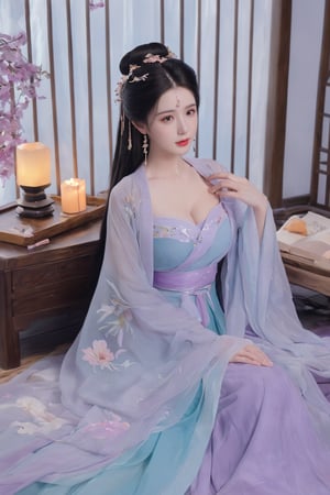 (masterpiece, best quality:1.2),1girl, solo, long hair, black hair,(huge breasts:1.89),Hairpins,necklace, hair ornament, dress, full body, flower, earrings, indoors, hair bun, (purple-green-blue dress:1.29),(Tube top Hanfu long skirt:1.1), pillow, bed, night, chinese clothes, table, branch,daxiushan, ,daxiushan style,(huge breasts:2.59), (full breasts:2.34), realistic,hanfu, daxiushan,Shoulders are exposed, , daxiushan, arien_hanfu,,More Reasonable Details,Xyunluo,Xningyudie