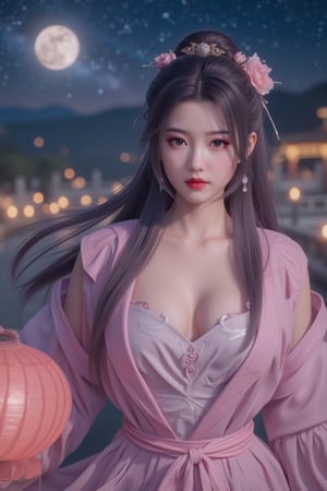  (masterpiece, best quality:1.2),2_girls, navel, solo, midriff, bare shoulders, lantern, hair ornament, flower, hair flower, paper lantern, black hair, red lips,
BREAK, looking at viewer, chinese clothes,(pink color:1.29), (hanfu dress:1.39), 
BREAK,black eyes,blurry, solo focus, long hair, lips, night, lipstick, outdoors, upper body, blurry,(huge breasts:1.79), (Starry sky, Milky Way, shooting stars across the night sky:1.23),2 girl, makeup, hair bun,Xyunxiao,(Peony,full moon:1.52),wonder beauty