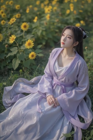 1 girl, (photorealistic:1.2), KOLNB, hanfu, light purple and white dominant, muted color, sit on the field of green grass and yellow sunflower, view from above, the girl looking up,Xyunxiao,(big breasts:1.59),