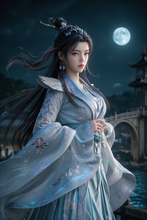 3D artwork, full body shot represesenting a Korean female young caracter , mantle, shining silver jewels. (Majestic pose:1.4), (hieratic expression:1.6), emerging from the darkness in the style of Rembrandt. The caracter wears a white and pale blue hanbok  dress. The character is illuminated from the side by a dark warm light. Marine vibes. Vibrant colors. The background is lake bridge shining by moonlight. UHD, high resolution, 8k. (8k, RAW photo, best quality, masterpiece:1.2), (realistic, photo-realistic:1.2)(raw photo) , detailed and intricate, original,highres,looking at viewer,upper body,black hair,BREAK,(light Azure Holographic clothing:1.29),(big breasts:1.82),Xyunxiao,1girl,(full moon,Peony:1.36),BREAK,(Holographic color Chinese Phoenix pattern embroidery:1.26)