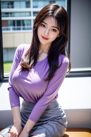 (Best quality, 8k, 32k, Masterpiece, UHD:1.2),Photo of Pretty Japanese girl, 1girl, mid-twenty milf, (medium-short dark brown hair), double eyelids,  long-legged, soft curves, (purple tight fit suit:1.39), (pink shirt, grey skirt:1.36), sitting on office chair, office, snowy sky, heavy snow, sexy face, seducing smile, look at viewer, exquisite detailed real skin texture, detailed fabric texture,Xyunxiao ,(natural  big breasts:1.39)