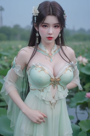  (masterpiece, best quality:1.2),1girl, navel, solo, midriff, bare shoulders, hair ornament, flower, hair flower,, long hair, red lips,
BREAK, (looking at viewer:1.23),(translucent light green-white color dress:1.39),
BREAK,blurry, solo focus, long hair, lips, day, lipstick, outdoors, upper body, blurry,(huge breasts:1.89),(full breasts:1.89),Xyunxiao,(snow,Peony:1.52),(Lotus pond, lotus:1.56), (blue sky:1.23),Xhaiqinyan,XxiaoxunerX,Xhuolinger,(cleavage:2), (sexy,nsfw:2),