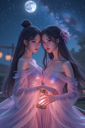  (masterpiece, best quality:1.2),2_girls, navel, solo, midriff, bare shoulders, lantern, hair ornament, flower, hair flower, paper lantern, black hair, red lips,
BREAK, looking at viewer, chinese clothes,(Holographic pink color:1.29), (Holographic Gradient seven colors rainbow dress:1.39), 
BREAK,black eyes,blurry, solo focus, long hair, lips, night, lipstick, outdoors, upper body, blurry,(huge breasts:1.5), (Starry sky, Milky Way, shooting stars across the night sky:1.23), solo, makeup, hair bun,Xyunxiao,(Peony,full moon:1.52),wonder beauty