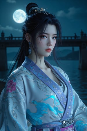  1girl , mantle, shining silver jewels. (Majestic pose:1.4), (hieratic expression:1.6), emerging from the darkness in the style of Rembrandt. The caracter wears a white and pale blue hanbok  dress. The character is illuminated from the side by a dark warm light. Marine vibes. Vibrant colors. The background is lake bridge shining by moonlight. UHD, high resolution, 8k. (8k, RAW photo, best quality, masterpiece:1.2), (realistic, photo-realistic:1.2)(raw photo) , detailed and intricate, original,highres,looking at viewer,upper body,black hair,BREAK,(light Azure Holographic clothing:1.29),(big breasts:1.89),Xyunxiao,1girl,(full moon,Peony:1.36),BREAK,(Holographic color Chinese Phoenix pattern embroidery:1.26)