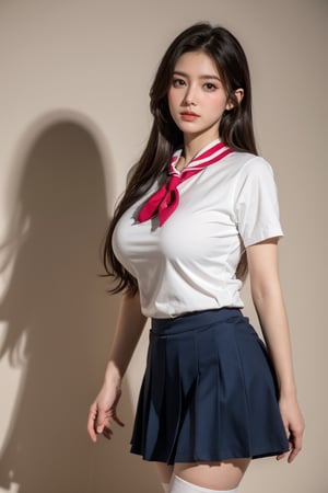 cinematic lighting, Surrealism, chiaroscuro, depth of field, Fujicolor, UHD, textured skin, anatomically correct, high details, award winning, super detail, 16k, retina, 4K, best quality，, solo, 1girl, thighhighs, pink neckerchief, skirt, school uniform, white thighhighs, kitauji high school uniform, pleated skirt,  neckerchief, loafers, photo background, standing, white shirt,  (big breasts:1.59)