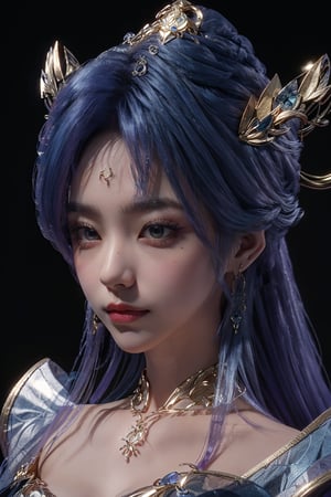 tianqiong,portiart,1girl,jewelry,hair ornament,solo,earrings,long hair,blue eyes,blue hair,looking at viewer,necklace,purple hair,masterpiece,HDR,UHD,8K,best quality,Photographic,,,Xtianqiong,Xyunxiao