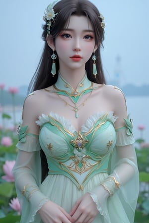  (masterpiece, best quality:1.2),1girl, navel, solo, midriff, bare shoulders, hair ornament, flower, hair flower,, long hair, red lips,
BREAK, (looking at viewer:1.23),(translucent light green-white color dress:1.39),
BREAK,blurry, solo focus, long hair, lips, day, lipstick, outdoors, upper body, blurry,(huge breasts:1.69),Xyunxiao,(snow,Peony:1.52),(Lotus pond, lotus:1.56), (blue sky:1.23),Xhaiqinyan,XxiaoxunerX,Xhuolinger,(cleavage:2), (sexy,nsfw:2),