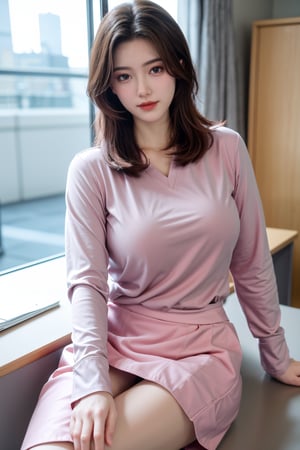 (Best quality, 8k, 32k, Masterpiece, UHD:1.2),Photo of Pretty Japanese girl, 1girl, mid-twenty girl, (medium-short dark brown hair), double eyelids,  long-legged, soft curves, (pink tight fit suit:1.39), (pink shirt, grey skirt:1.36), sitting on office chair, office, florwers, sexy face, seducing smile, look at viewer, exquisite detailed real skin texture,Xyunxiao ,(natural big breasts:1.39)