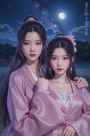  (masterpiece, best quality:1.2),2_girls, navel, solo, midriff, bare shoulders, lantern, hair ornament, flower, hair flower, paper lantern, black hair, red lips,
BREAK, looking at viewer, chinese clothes,(pink color:1.29), (hanfu dress:1.39), 
BREAK,black eyes,blurry, solo focus, long hair, lips, night, lipstick, outdoors, upper body, blurry,(huge breasts:1.59), (Starry sky, Milky Way, shooting stars across the night sky:1.23), solo, makeup, hair bun,Xyunxiao,(Peony,full moon:1.52),wonder beauty