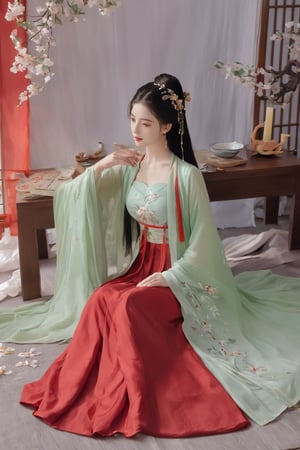(masterpiece, best quality:1.2),1girl, solo, long hair, black hair,Hairpins,necklace, hair ornament, dress, full body, flower, earrings, indoors, hair bun, (red-green dress:1.29),(Tube top Hanfu long skirt:1.1), pillow, bed, night, chinese clothes, table, branch,daxiushan, ,daxiushan style,(huge breasts:2.33), (full breasts:2.34), realistic,hanfu, daxiushan,Shoulders are exposed, , daxiushan, arien_hanfu,,More Reasonable Details,Xyunluo,Xningyudie