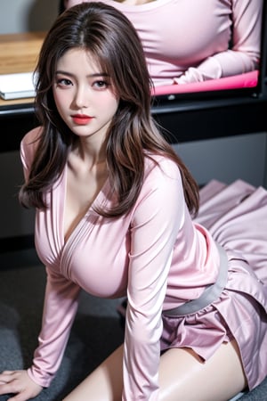 (Best quality, 8k, 32k, Masterpiece, UHD:1.2),Photo of Pretty Japanese girl, 1girl, mid-twenty girl, (medium-short dark brown hair), double eyelids,  long-legged, soft curves, (pink tight fit suit:1.39), (pink shirt, grey skirt:1.36), sitting on office chair, office, florwers, sexy face, seducing smile, look at viewer, exquisite detailed real skin texture,Xyunxiao ,(natural big breasts:1.39)