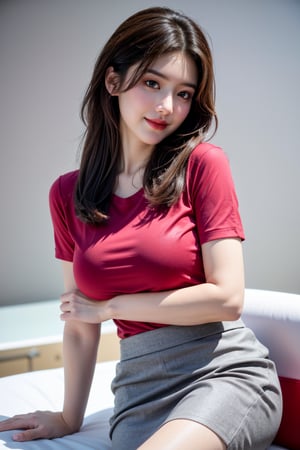 (Best quality, 8k, 32k, Masterpiece, UHD:1.2),Photo of Pretty Japanese girl, 1girl, mid-twenty milf, (medium-short dark brown hair), double eyelids,  long-legged, soft curves, (red tight fit suit:1.39), (pink shirt, grey skirt:1.36), sitting on office chair, office, snowy sky, heavy snow, sexy face, seducing smile, look at viewer, exquisite detailed real skin texture, detailed fabric texture,Xyunxiao ,(natural  big breasts:1.39)