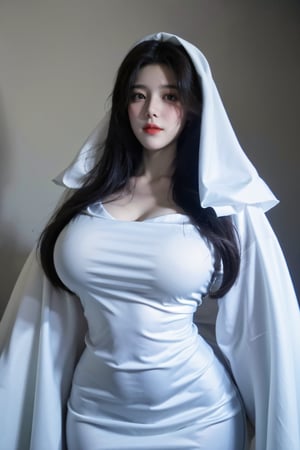  (masterpiece, best quality:1.2),1girl, nkiller,white dress,white tight-fitting dress,black or dark green oval eyes on the hood,ghost,ghost costume,large white ghost cape,white cape covering the entire body,(huge breasts:1.48),Xyunxiao,