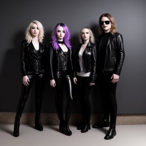 Generate a picture for the band lustful lumanaries. 3 Beautifull female musicians and one male rock singer.