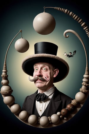 Create an enchanting digital artwork that captures the essence of "The Eccentric Adventures of Eustace van der Smut." Picture Eustace, a whimsical character with a handlebar mustache and a top hat, embarking on fantastical journeys through surreal landscapes filled with peculiar creatures and curious contraptions. Let the colors swirl and dance around him, echoing the eccentricity and wonder of his escapades. Let the scene be both whimsical and slightly mysterious, inviting viewers to immerse themselves in Eustace's extraordinary world.