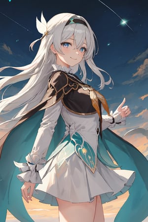 best quality, masterpiece, highres, ,firefly \(honkai: star rail\), 1girl, solo, long hair, smile, blue eyes, closed mouth, looking at viewer, outdoors, bangs, long sleeves, hair ornament, hairband, hair between eyes, cloudy sky, turquoise cape, blue sky, star \(sky\), night sky, white hair, full body, white shirt,  viewed from side, flowing white skirt, revealing thighs, standing 