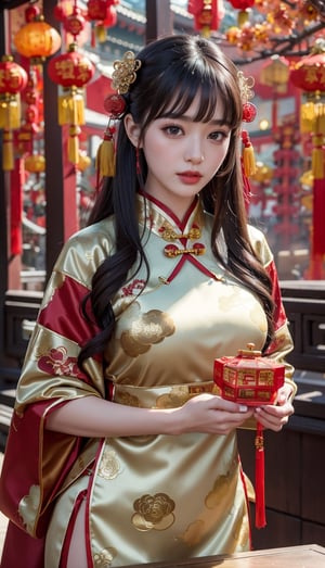 (masterpiece, top quality, best quality, official art, beautiful and aesthetic:1.2), hdr, high contrast, wideshot, 1girl, long black wavy hair with bangs, looking at viewer, clearly brown eyes, longfade eyebrow, soft make up, ombre lips, large breast, cheering viewer, frosty, naughty girl, sexy chinese clothes, (chinese new year theme:1.5), finger detailed, background detailed, ambient lighting, extreme detailed, cinematic shot, realistic ilustration, (soothing tones:1.3), (hyperdetailed:1.2)