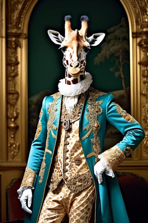 animal anthropomorphism giraffe, (cowboy shot), Wearing luxury sack-back gown, Old-fashioned glasses, detailed and opulent description of a male aristocrats sack-back gown in Rococo style, emphasizing luxurious fabrics, intricate embroidery, and ornate accessories, Rococo style background