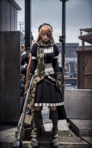 masterpiece, best quality, highres, 1girl, solo, cz2128 delta, eyepatch, maid, maid headdress, scarf, camouflage, armor, gloves, v arms, bazooka, Garter strap, white thighhighs, high Heels, angry, looking at viewers, fullbody, outdoors, natural lighting,cz2128 delta