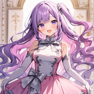 Masterpiece, beautiful details, perfect focus, uniform 8K wallpaper, high resolution, exquisite texture in every detail, expressive,
sliver bow ribbon, one side up, 
,:d, looking_at_viewer, 
(1girl), solo, super long hair, (purple hair), pink inner hair, wavy hair, medium_breasts,   (opened chest  dress, pink dress), sleeveless, elbow gloves, sliver trim, lifting dress,  