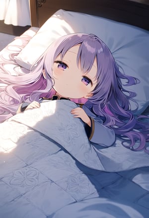 Masterpiece, beautiful details, perfect focus, uniform 8K wallpaper, high resolution, exquisite texture in every detail, expressive,

(1loli:1.2), solo, super long hair, (purple hair), pink inner hair, wavy hair,  purple eyes, head on pillow
 (covered by quilt), sleeping, hands up