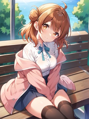 score_9,  score_8_up, score_7_up, source anime ,1girl, Hanami ume, brownhair, shirt, skirt, closed_mouth,  sitting on bench, medium_breasts, looking_at_viewer,  ahoge, side bun, smile ,  thighhighs , head tilt, pink coat, hands between legs 