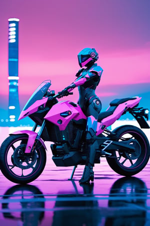 motorbike,CyberMecha,High detailed, cyberpunk, future, futuristic, robots, pink sky, blue light