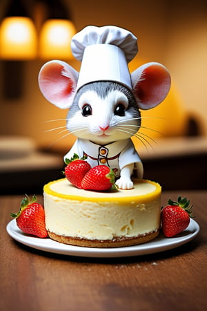 chibi, perfect-composition, Perfect pictorial composition, Creative poster, Cute, (mouse dressed as a chief), (mouse as chef), (Decorating a Really Delicious Cheesecake), (Cream cheese cake with strawberries), (messy table), (There are pieces of cheese scattered around.), (Best Quality:1.2), (Ultra-detailed), (Photorealistic:1.37), (HDR), (Vivid colors), (portrait of a), (Warm and bright color tones), (Soft diffuse lighting),food ,niji style