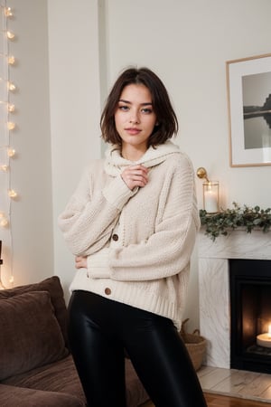 RAW photo, photo of Italian girl, Instagram model (25yo), brown short hair, standing in her living room, dressed in a cozy oversized sweater and leggings. She exudes comfort and warmth as she cozies up on a plush sofa, surrounded by soft blankets and fluffy cushions. The room is illuminated by the soft glow of string lights and scented candles, creating a serene and inviting atmosphere. With a contented smile, Emily invites viewers to join her in this tranquil haven, where relaxation and comfort reign supreme. 