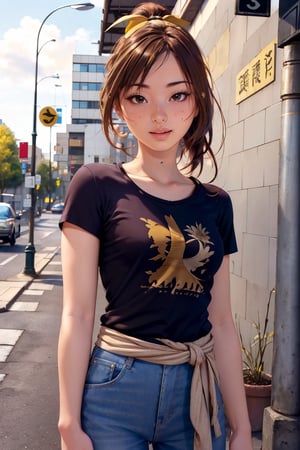 masterpiece, best quality, 1girl, solo,  ponytail, t-shirt, head to waist bodyshot, happy, outdoors, street, lamppost, hair bow, (pretty girl:1.2), realistic, raw photo, low key, illustration, small eyes, (yellow brown hair:1.3),photorealistic, 21 years old female, ,HKFace