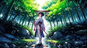 architecture, bamboo, bamboo_forest, bandaged_arm, bandaged_leg, bandages, bridge, building, day, east_asian_architecture, forest, grass, japanese_clothes, male_focus, nature, outdoors, pom_pom_\(clothes\), rain, scenery, shrine, solo, standing, torii, tree,  water, weapon, backlight, colors